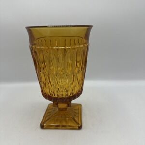 Indiana Amber Glass Mt. Vernon Water Footed Goblet Glass Square Base 6" Vtg 1970